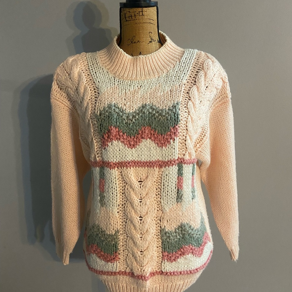 Bramble Lane Sz M Hand Knitted Cable Knit Sweater Coral w/ Green & Rust Accents - Picture 3 of 13
